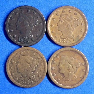 Quatro centavos grandes trançados -- 1845, 1847, 1848, 1856 - Imagem 1 de 2