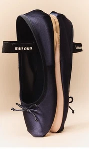 MIU MIU Navy Satin Logo Strap Ballet Flat Size 37 EU/ 7 US $1200 - Picture 1 of 16