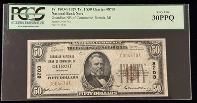 1929 $50 Guardian National Bank of COMMERCE of DETROIT MICHIGAN Charter 8703 - Image 1 of 2