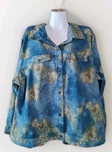 C J Banks Stretch Women's Long Sleeve Size 2 XL Jacket Blue Green Leaf Print - Picture 1 of 5