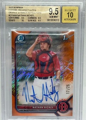 2022 1st Bowman Chrome Nathan Hickey Orange Shimmer Auto /25 Red Sox CPA-NH - Image 1 of 2