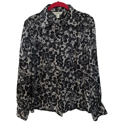 Blusa para mujer Austin Reed negra con patrón de encaje floral 100 % seda botón L/S talla 8 Foto 1 de 4