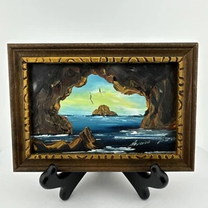 Höhle Ozean Szene Gemälde gerahmt Meereslandschaft Felseninsel Sonnenuntergang 6,5 x 4,5 cm - Bild 1 von 3