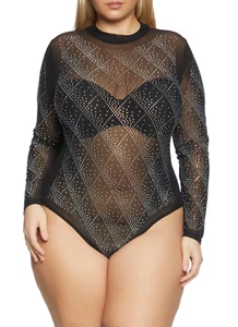 Women Plus Size Black Studded Rhinestones Bodysuit Snap Closure. Size 2XL. - Imagen 1 de 3