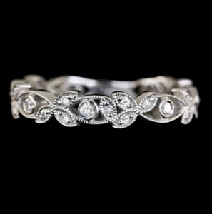 VINTAGE STYLE PLATINUM G-H VS DIAMOND WEDDING BAND FILIGREE FLORAL ART DECO RING - Picture 1 of 4