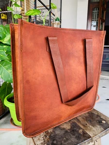 14" Women's Genuine Reliable Goat Leather Tote Shopping Handmade Bag - Picture 1 of 8