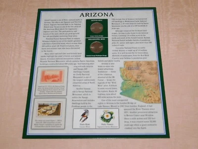 AMERICA THE BEAUTIFUL 10" X 9"  2 STATE QUARTERS 2010 & STAMPS DISPLAY ARIZONA - Image 1 of 4