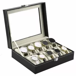 Watch Display Grid Box Lockable Case Faux Leather Jewellry Storage Organiser - Picture 1 of 12