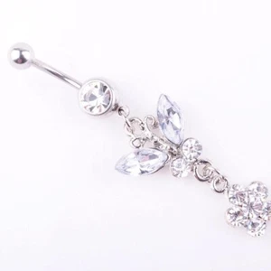 Barra pancia cristallo diamante trasparente placcato argento UK farfalla fiore penzolante - Foto 1 di 7