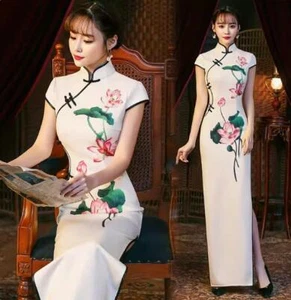 Retro langes Damenkleid Blumenmuster Cheongsam schmaler Hochschlitzrock chinesischer Stil - Bild 1 von 9