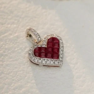 Sweety Heart Lab Created Ruby Natural Diamond Women Pave Pendant 14K White Gold - Picture 1 of 13