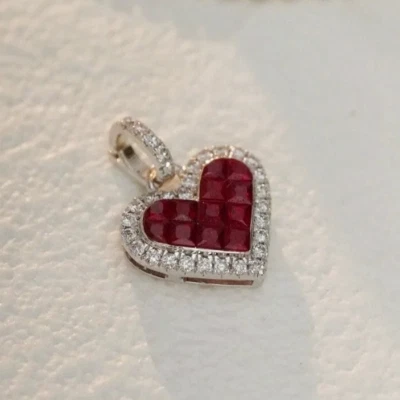 Sweety Heart Lab Created Ruby Natural Diamond Women Pave Pendant 14K White Gold - Image 1 of 4