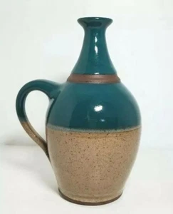 Signed Redware Vase Art Pottery Teal Beige Neutral "Elle" 7” Decorative Handle - Picture 1 of 10