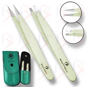 TWEEZERS SET 2-PIECE PROFESSIONAL STAINLESS STEEL EYEBROW HAIR PLUCKERS + CASE - Picture 1 of 4
