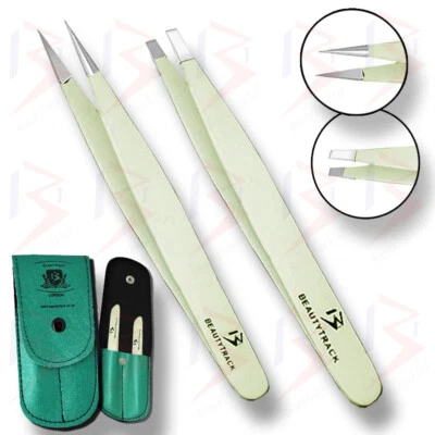 TWEEZERS SET 2-PIECE PROFESSIONAL STAINLESS STEEL EYEBROW HAIR PLUCKERS + CASE - Image 1 of 4