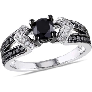 Anillo de compromiso de diamantes negros de corte redondo de 1,50 quilates acabado en oro blanco 14 K talla 6-12 - Imagen 1 de 8
