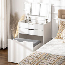 Dressing Table Set w/ Flip-up Mirror & Stool, Drawer and Compartments, White