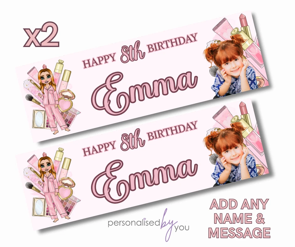 2x Personalised Makeup Theme Birthday Banners Ginger Hair Photo Birthday Large - Image 1 of 1