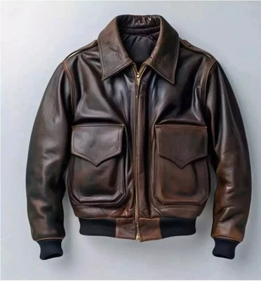 Men’s A-2 Aviator Air Force Real Leather Bomber Brown Vintage Distressed Jacket - Image 1 of 3