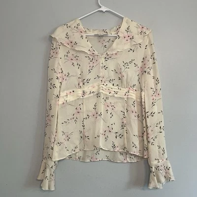 Blusa pulóver informal de esquina para mujer 100 % seda manga campana floral crema talla 12 Foto 1 de 4