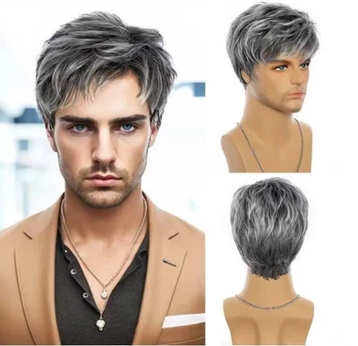 Pelucas sintéticas grises y blancas para hombre moda para hombre pelo corto cosplay peluca para hombre Foto 1 de 4