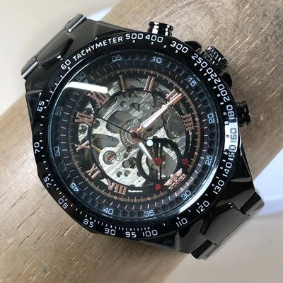 Winner Men TM432 Skeleton Dial Tachymeter Black Tone Automatic 45mm Watch 8" - Image 1 of 4