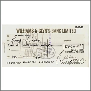 Keith Moon Signed 1977 Williams & Glyn’s Bank Limited Cheque (UK) - Picture 1 of 2