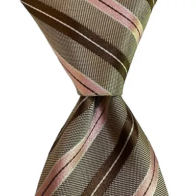 HUGO BOSS Men's 100% Silk XL Necktie ITALY Designer STRIPED Brown/Pink/White EUC - Image 1 of 3