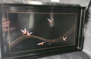 Vtg Mcm Couroc Style Dove Bird Black Lacquer Gold Inlay Tray PARIS 9"L × 11.25"W - Picture 1 of 5