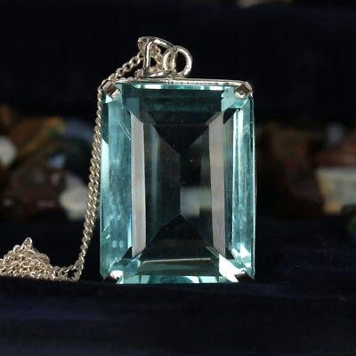 62 Carat Lab Created Emerald Shape Aquamarine 925 Silver Pendant Statement Piece - Image 1 of 4