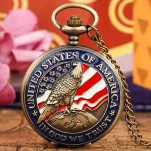American Flag Eagle Quartz Pocket Watch Vintage Style Bronze Color - Picture 1 of 6