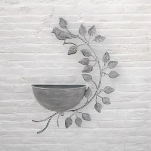 42cm Grey Metal Deco Garden Wall Planter Plant Pot Antique Look Bird Leaves - Picture 1 of 7