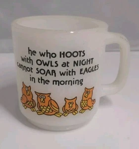 1981 Glasbake Milk Glass Mug Orange Owls “He Who Hoots w/ Owls at Night” 3.5” B2 - Picture 1 of 5