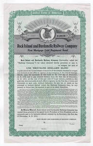 1911 UNISSUED ROCK ISLAND DARDANELLE RAILWAY CO BOND CERTIFICATE CHICAGO IL - Picture 1 of 2