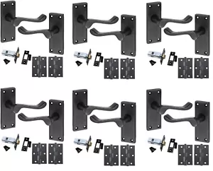 6 Pairs of Victorian Scroll Matt Black Door Handles 120mm Long Lever Latch Pack - Picture 1 of 1