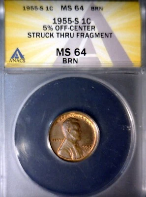 1955s ERROR ANACS MS64 Off Center + MAJOR STRUCK THRU Lincoln Wheat Cent BU Coin - Image 1 of 4