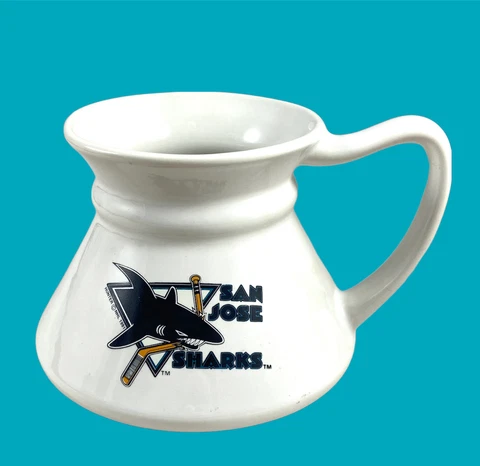 Vintage San Jose Sharks Wide Bottom Mug Hunter NHL 1991 No Spill Non Slip Travel Cover