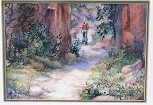 Pintura Acuarela Judy Humphries 10x7 Senderismo en Sendero Secoya Bosque Paisaje - Imagen 1 de 8