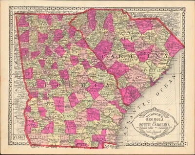 1889 Georgia & South Carolina Tunison antique map ~13.8" x 11" vibrant color - Image 1 of 4
