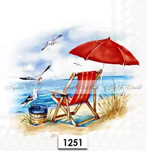 (1251) DOS servilletas artesanales de papel para almuerzo decoupage SILLA DE PLAYA PARAGUAS GAVIOTAS - Imagen 1 de 3