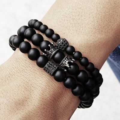 2X CZ Crown Bracelet Set 8MM Black Matte Onyx Beads Bracelet For Women Men Gift - Image 1 of 4