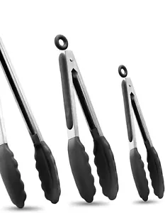 Premium Stainless Steel Locking Kitchen Tongs , Set of 3-7", 9" and 12" (Black) - Picture 1 of 6