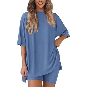 New women's casual round neck slit loose shorts short sleeved home suit set - Picture 1 of 41