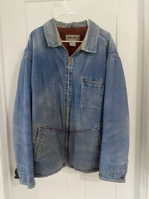 Vintage Y2k Distressed Eddie Bauer Denim Jean Jacket Chore Coat Thinsulate Large - Image 1 of 4