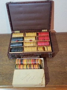 1930s Catalin Bakelite Poker Chips In Travel Case Butterscotch,Green,Red - Picture 1 of 9