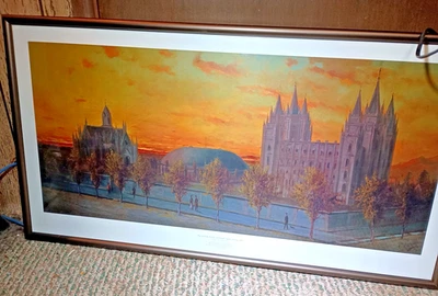 Salt Lake City Temple Square Sunset 1892 Aluminum Framed Glass 30"W x 16"H - Image 1 of 4