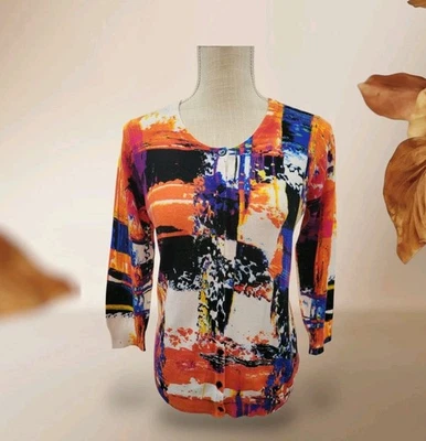 Joseph A Qu'est-ce Que Ces't Silk Cardigan Size S Orange Multicolor  3/4 Sleeve  - Image 1 of 4