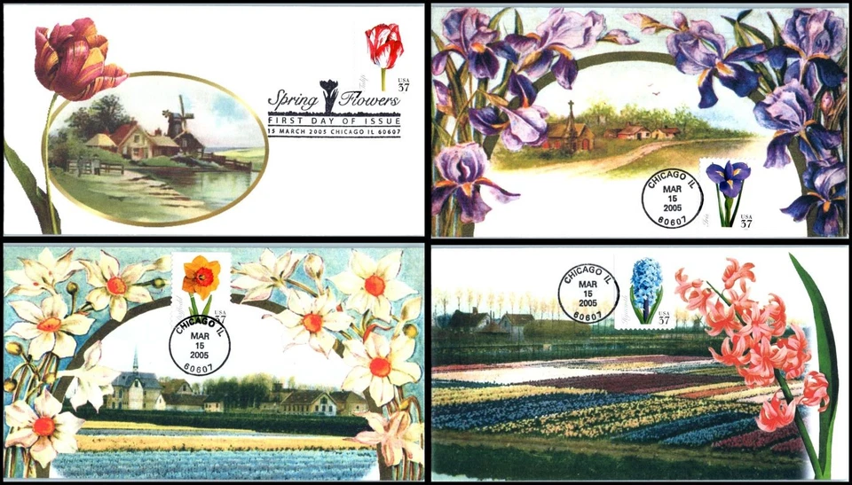 2005 Spring Flowers Sc 3900-3903 FDC PJW cachets tulip hyacinth iris daffodil - Image 1 of 4