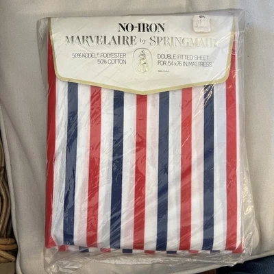 NOS Vintage Springmaid Marvelaire Double Fitted Sheet Red White Blue Stripe - Image 1 of 4