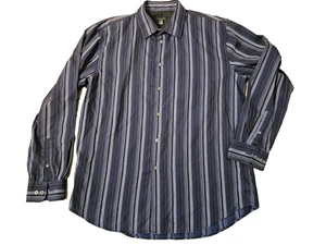 Camisa de vestir Van Heusen para hombre grande 16-16,5 cuello azul negro rayas abotonadas L - Imagen 1 de 7
